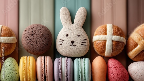 Buns cookies and other pastries are arranged in a row easter dessert food food background