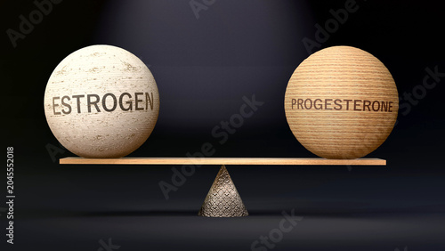 Progesterone and estrogen in balance - balancing stones on a scale symbolizing harmony, equity and equilibrium between estrogen and progesterone. Harmonious and beneficial situation. ,3d illustration