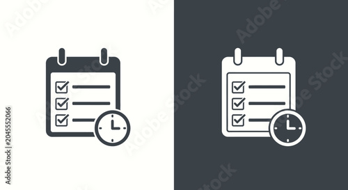 Calendar checklist icon with clock showing task management and scheduling concepts in minimalist style for planning productivity and time tracking workflow.