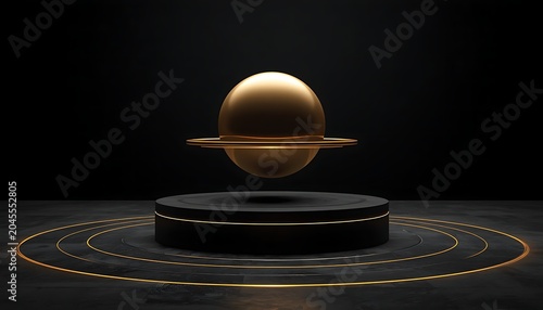 Minimalist luxury podium with floating metallic gold sphere and ring for product display