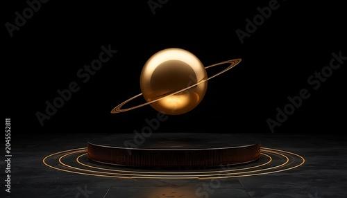 Minimalist luxury podium with floating metallic gold sphere and ring for product display