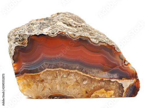 Beautifully banded agate geode slice displaying warm earthy tones of red, orange, and yellow, highlighting its intricate natural patterns and crystalline interior