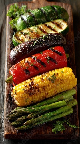 Grilled vegetables on a wooden cutting board with a knife food background
