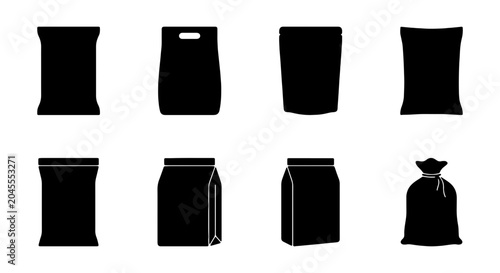 Black Packaging Icons Set: Bags, Pouches, Sacks, Containers for Commerce and Delivery