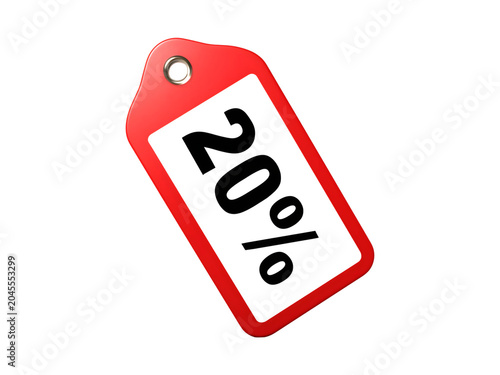 Red tag with 20 percent discount isolated on transparent background for sales and promotions