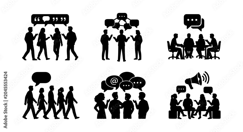 Obraz premium Communication Icons Set, Business Meeting, Discussion, Dialogue, Social Interaction, Teamwork