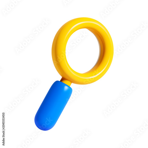 A 3d illustration of a magnifying glass with a yellow frame and blue handle isolated on transparent background