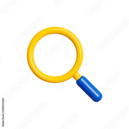 A colorful magnifying glass with a yellow frame and blue handle isolated on transparent background