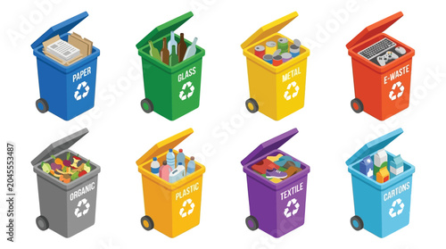 Photography Recycling Bins With Waste Materials Isometric Vector Illustration