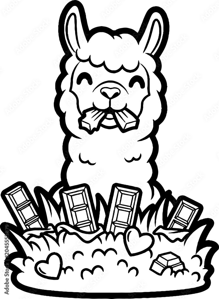 Fototapeta premium Cute cartoon llama sitting on books illustration outline.