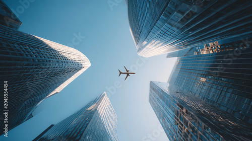 low-angle shot skyscrapers, airplane overhead