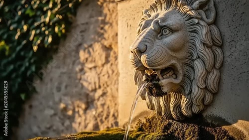 Stone lion head water fountain outdoors.