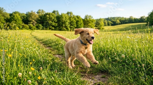 Golden Retriever puppy playing in green grass outdoors in summer nature scene