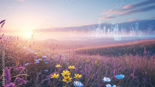 Sunset over a field of flowers.