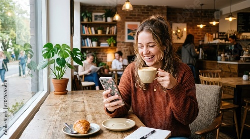 Young woman drinking coffee while sitting in a cafe restaurant