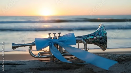Trumpet with blue ribbon on beach.