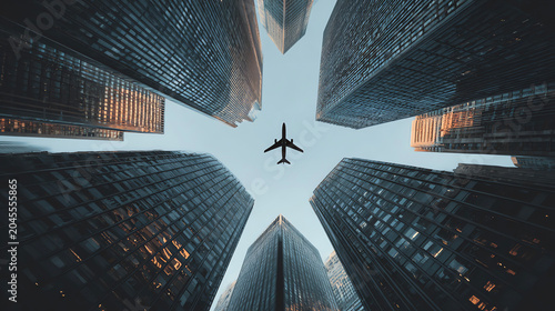 low-angle shot skyscrapers, airplane overhead