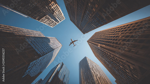 low-angle shot skyscrapers, airplane overhead