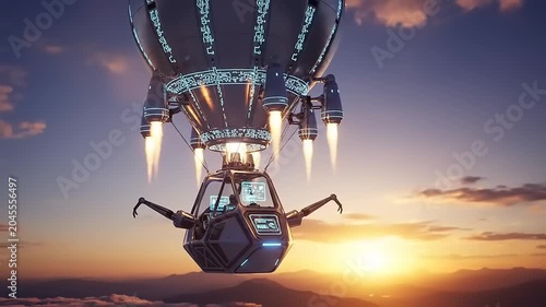 Futuristic Hot Air Balloon with Jet Engines Flying at Sunset.