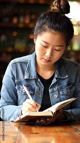 Young woman writing in journal at wooden cafe table.