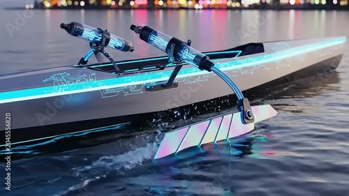 Futuristic Hydrofoil Kayak with Neon Lights Gliding on Water.