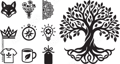 Tree of Life with Various Symbolic Icons Black