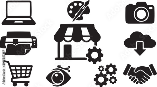 E-commerce and creative business icons on white background