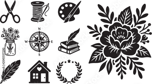 Collection of black and white floral icons symbols