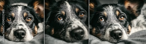 Dog laying on a bed looking at the camera animal background