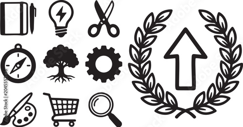 Collection of various icons and symbols on white