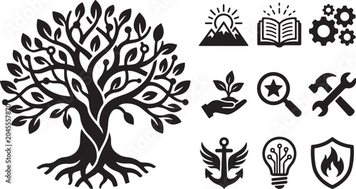 Tree of Knowledge with Various Life Symbols Icons