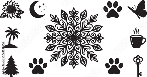 Whimsical black and white snowflake design elements set
