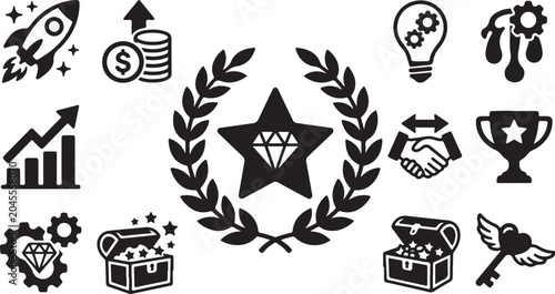Business Success Icons and Symbols in Black White