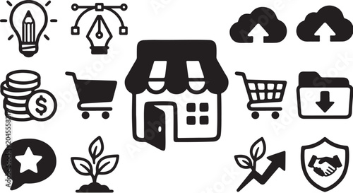E-commerce and finance icons in black and white
