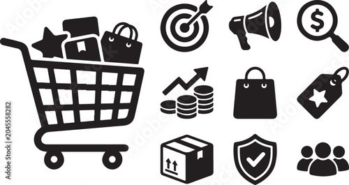 E-commerce shopping cart and related icons set