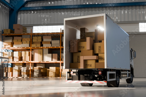 3D loaded delivery truck with stacked cardboard cargo