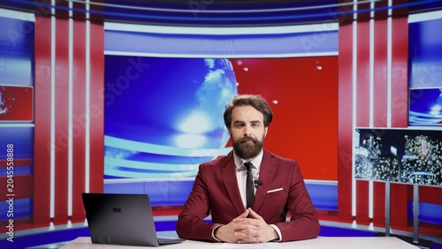 Photos Journalist broadcasting politics news on tv program, presenting updates and commentaries on international television