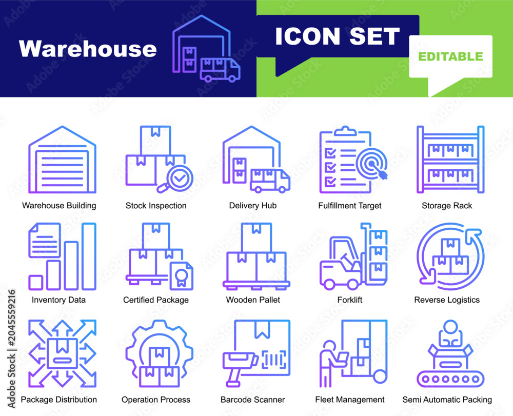 Fototapeta premium Warehouse icon set. Vector symbols for Cargo, Distribution, Forklift, Inventory, Logistics, Package, Pallet, Stock, Storage