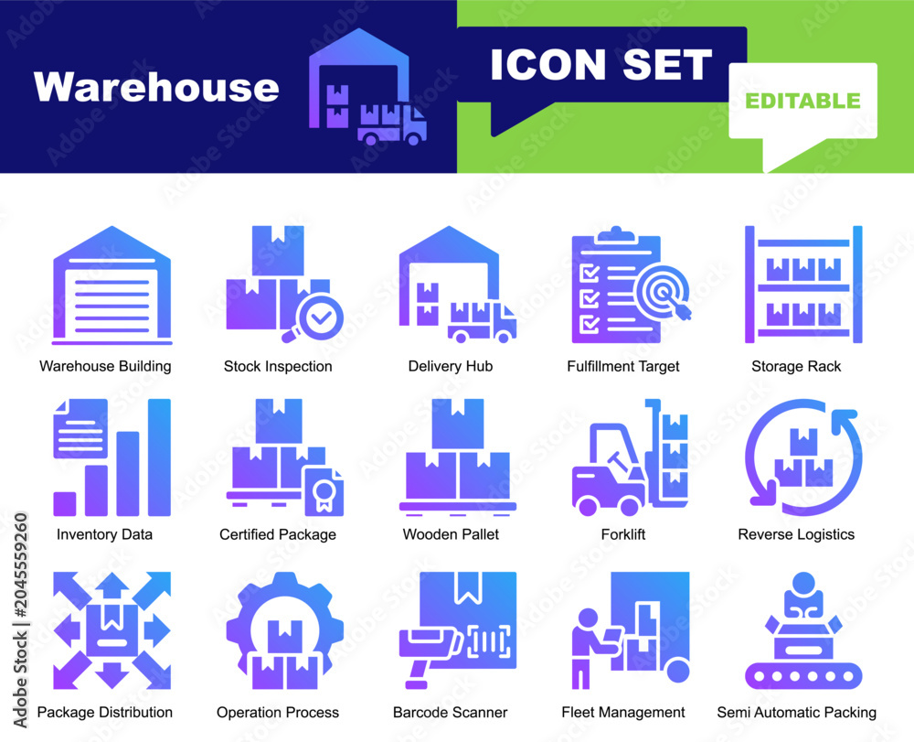 Fototapeta premium Warehouse icon set. Vector symbols for Cargo, Distribution, Forklift, Inventory, Logistics, Package, Pallet, Stock, Storage