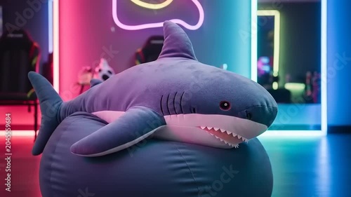 Giant Shark Plush Toy Sits on Bean Bag Chair in Neon Lit Room.