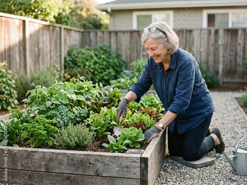 Smiling elderly woman in a blue shirt gardening in her backyard vegetable plot