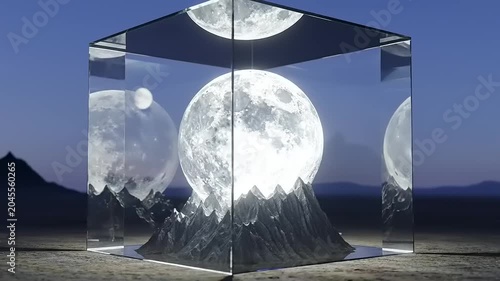 Surreal Moon Reflection in Glass Cube at Night with Mountains.