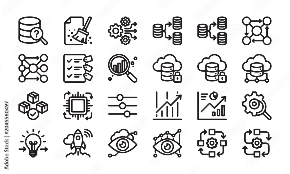 Fototapeta premium Data management and cloud storage analytics thin line icon collection for software.