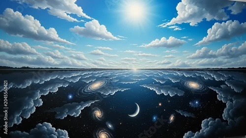 Surreal Sky Reflection Day and Night Merge in a Cosmic Landscape.