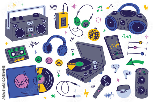 Obraz na plátně Music and audio devices set, doodle style boombox, cassette player, headphones, CD player, vinyl records, cassette tape, turntable, earbuds