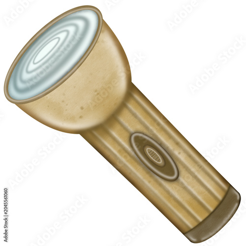 Cartoon style brown flashlight emitting bright light, for outdoor. Tourism protection. Adventure, hiking.	