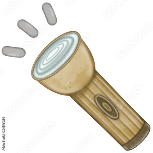 Cartoon style brown flashlight emitting bright light, for outdoor. Tourism protection. Adventure, hiking.	