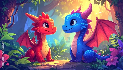 Two adorable, cartoon dragons sit surrounded by lush vegetation within a vibrant, enchanted forest setting