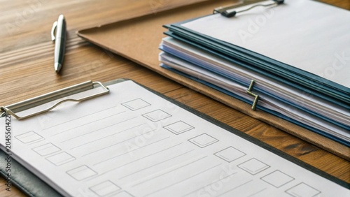 Blank checklist on a clipboard next to a pen and a stack of clipboards on a wooden desk.