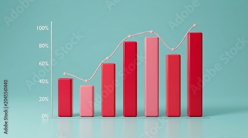 3d render of a bar chart with a trend line showing growth and fluctuations on a teal background